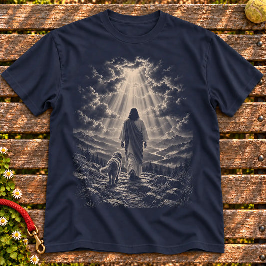 Navy T-shirt showing Jesus walking beside a Labradoodle beneath rays of light
