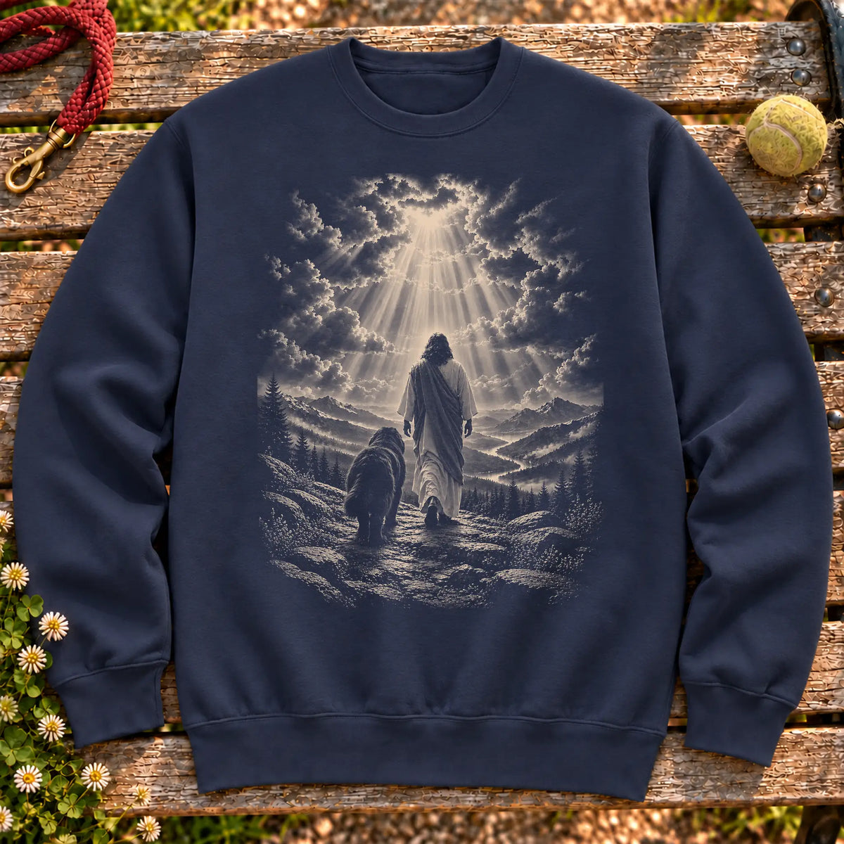 Navy crewneck sweatshirt showing Jesus walking beside a Newfie beneath rays of light