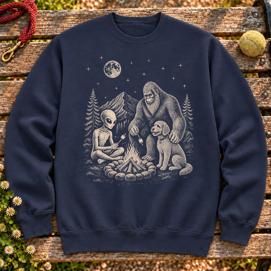 Labradoodle Camping with Bigfoot and Alien on a Navy crewneck sweatshirt, shown flat