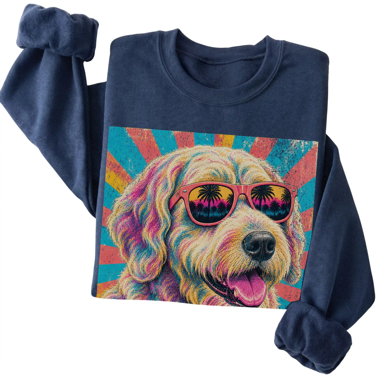 Folded Navy crewneck sweatshirt with a Retro Labradoodle Mama design
