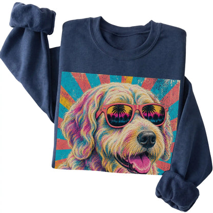 Folded Navy crewneck sweatshirt with a Retro Labradoodle Mama design