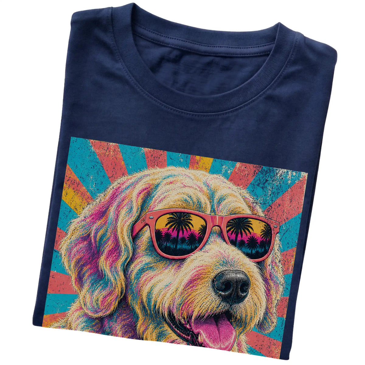 Folded Navy softstyle T-shirt with a Retro Labradoodle Mama design