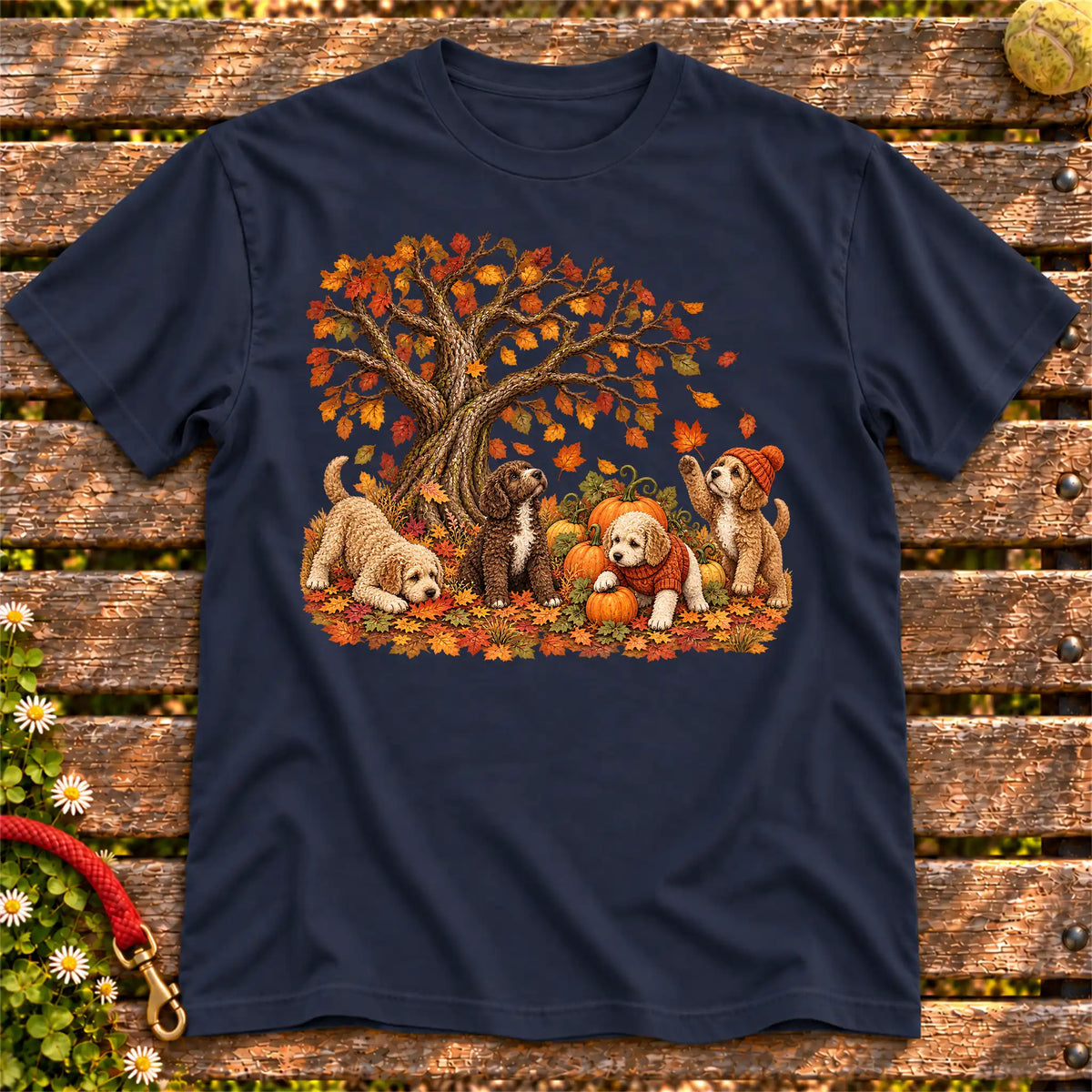 Four Labradoodle puppies with pumpkins beneath an autumn tree on a Navy softstyle T-shirt
