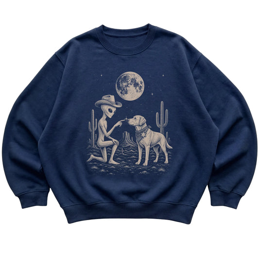 Navy crewneck sweatshirt featuring Yorkie Cowboy and Alien, laid-flat presentation