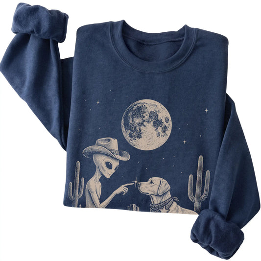 Navy crewneck sweatshirt featuring Yorkie Cowboy and Alien, folded presentation