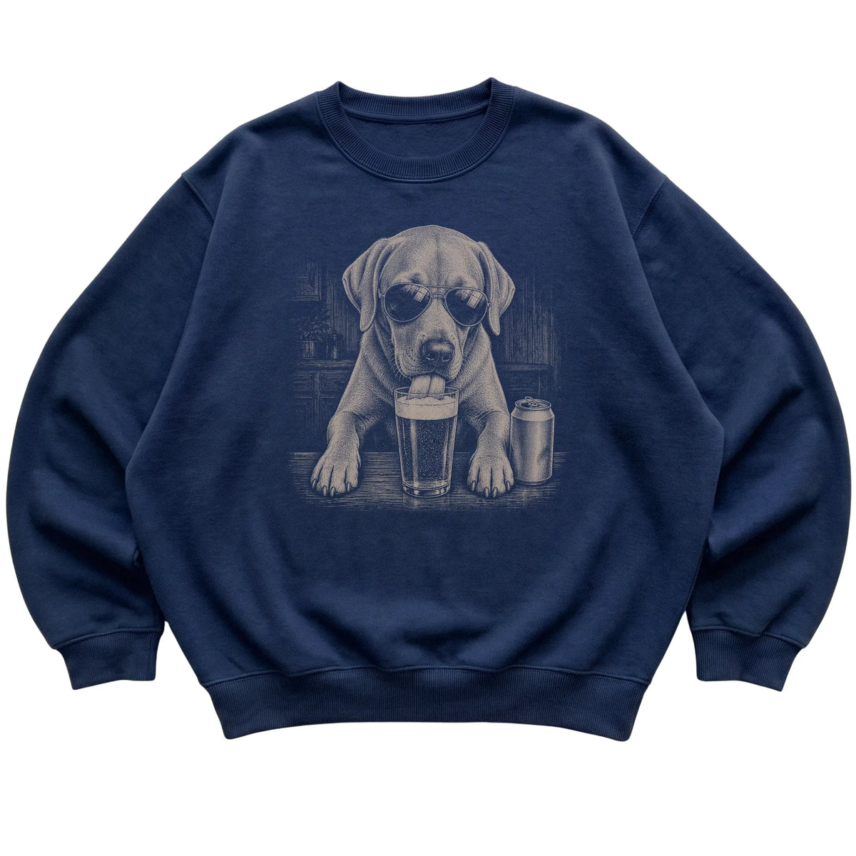 Navy Labrador Retriever drinking from a pint at a bar, laid flat