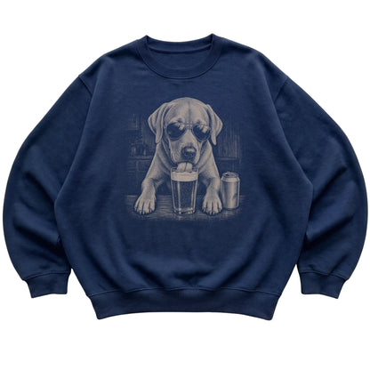 Navy Labrador Retriever drinking from a pint at a bar, laid flat