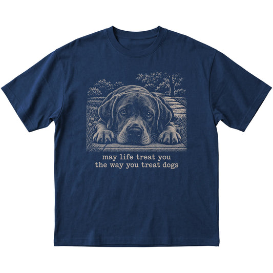 Labrador Retriever Karma Softstyle T-shirt in Navy — Flat Lay