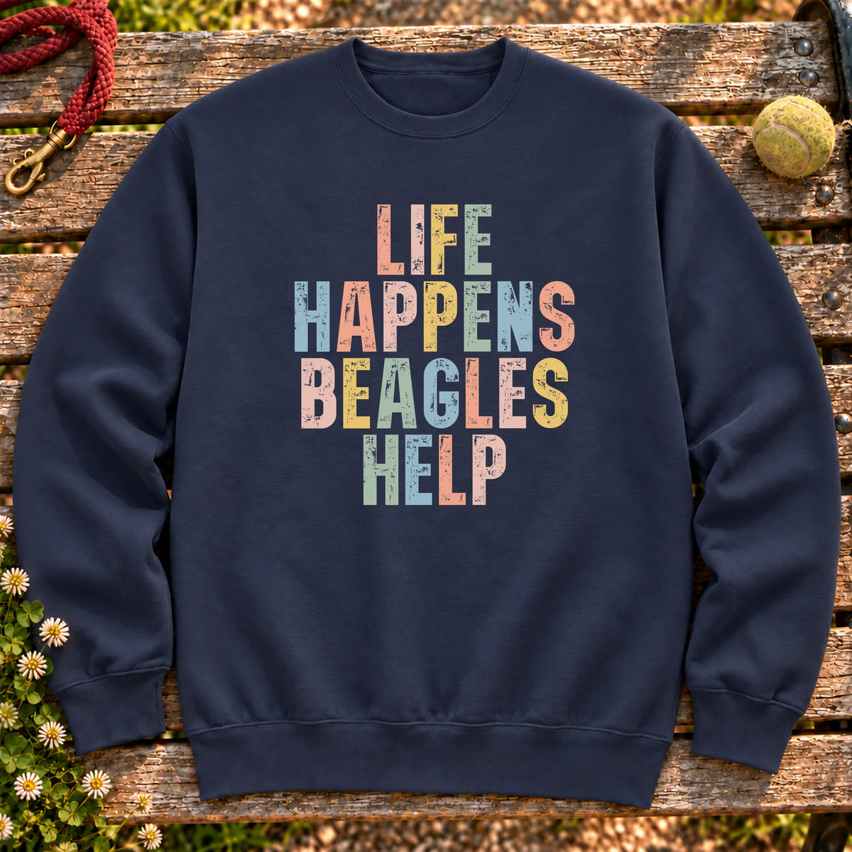 Life Happens Beagle Help text design on a Navy crewneck sweatshirt