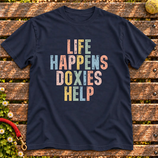 Life Happens Dachshund Help text design on a Navy softstyle T-shirt
