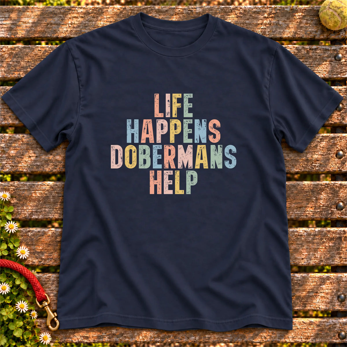 Life Happens Doberman Help text design on a Navy softstyle T-shirt
