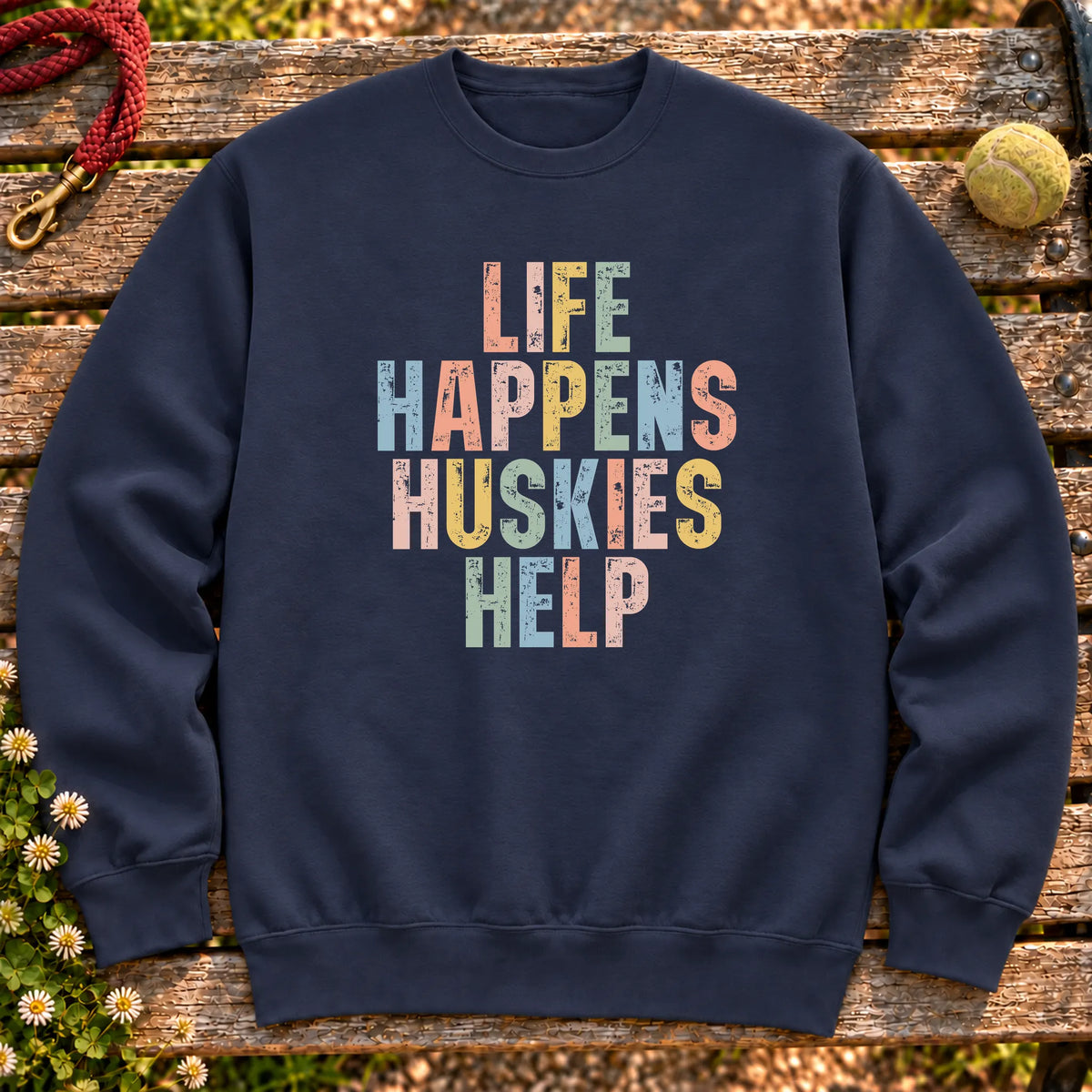 Life Happens Husky Help text design on a Navy crewneck sweatshirt