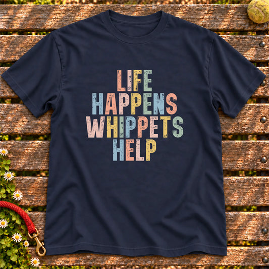 Life Happens Whippet Help text design on a Navy softstyle T-shirt