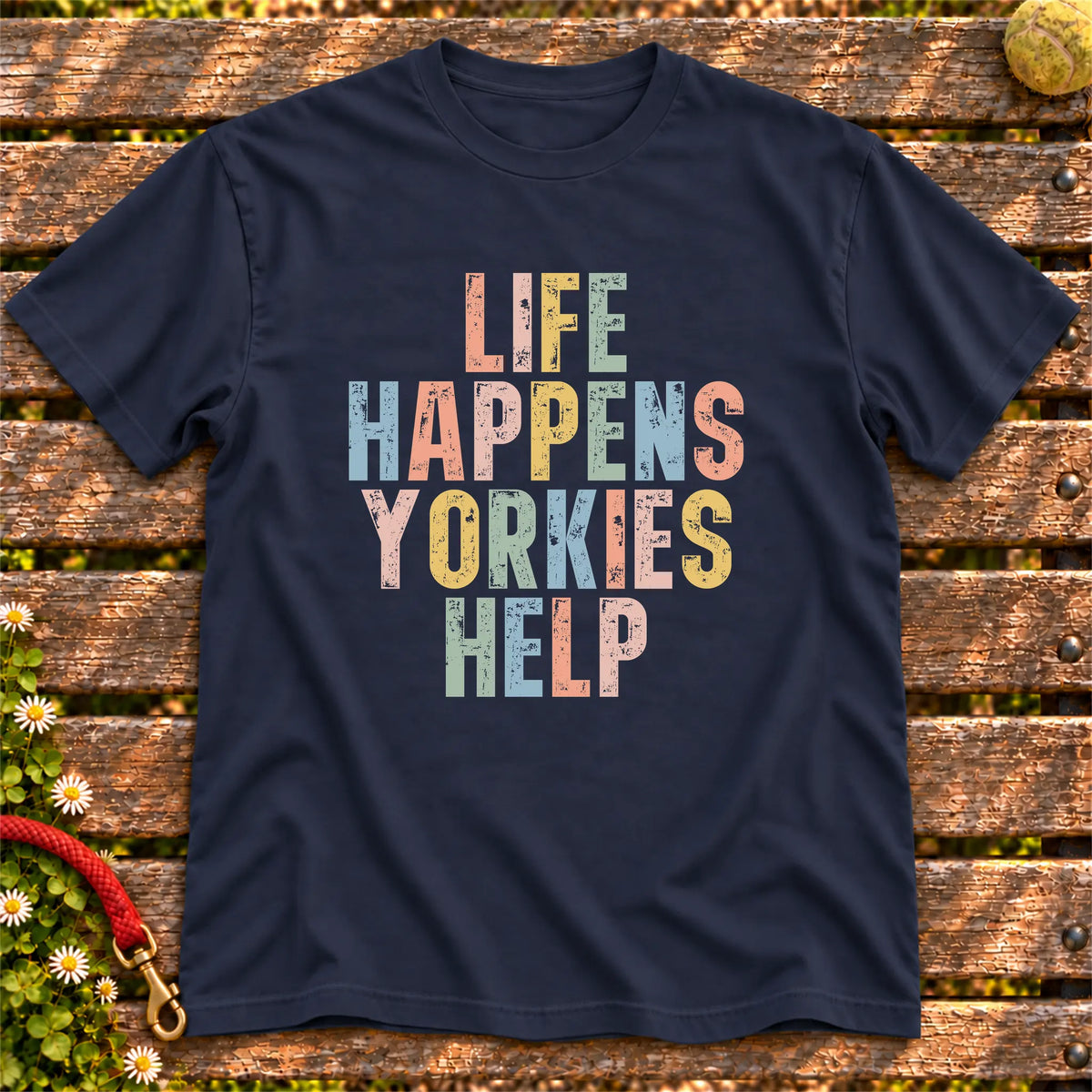 Life Happens Yorkie Help text design on a Navy softstyle T-shirt