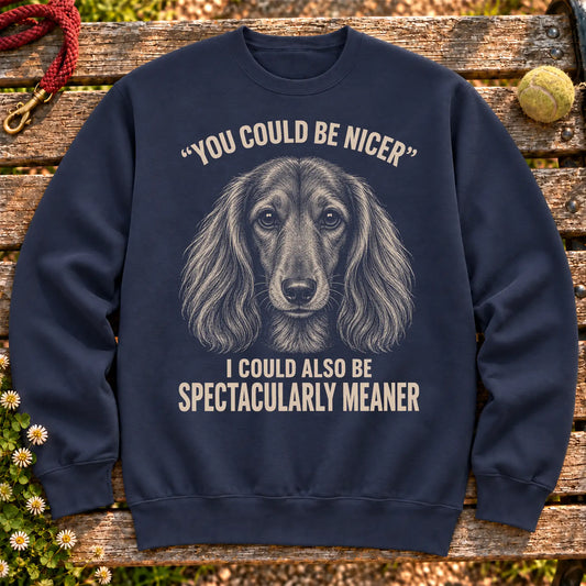 Dachshund Long-Haired Guard Dog on a Navy crewneck sweatshirt, shown flat