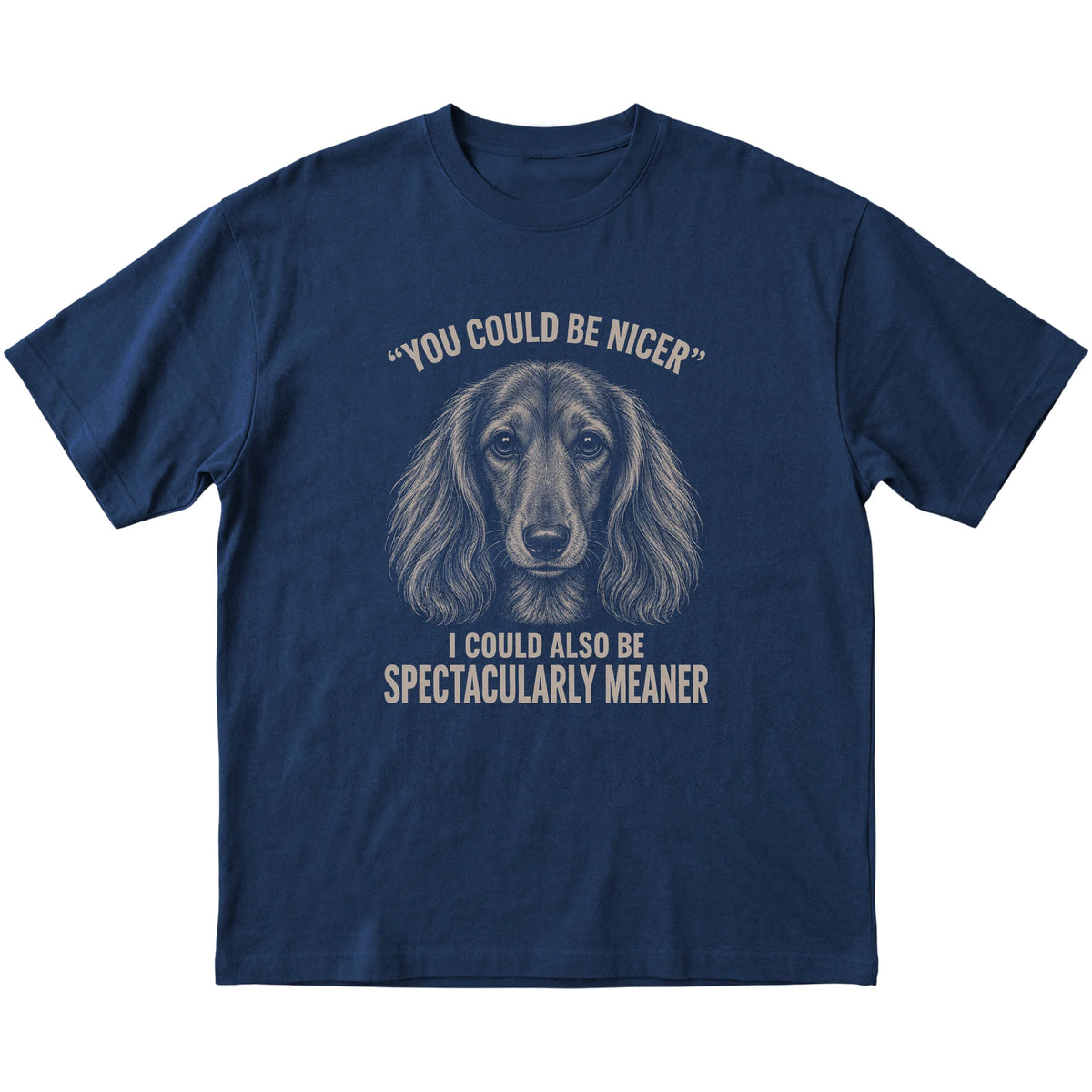 Long-Haired Dachshund Guard Dog T-Shirt in Navy — flat lay