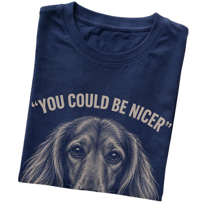 Long-Haired Dachshund Guard Dog T-Shirt in Navy — folded detail