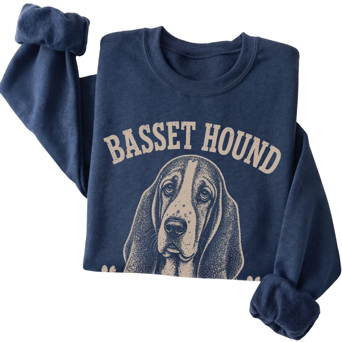 Navy crewneck sweatshirt featuring Low Energy, High Standards - Basset Hound, folded presentation