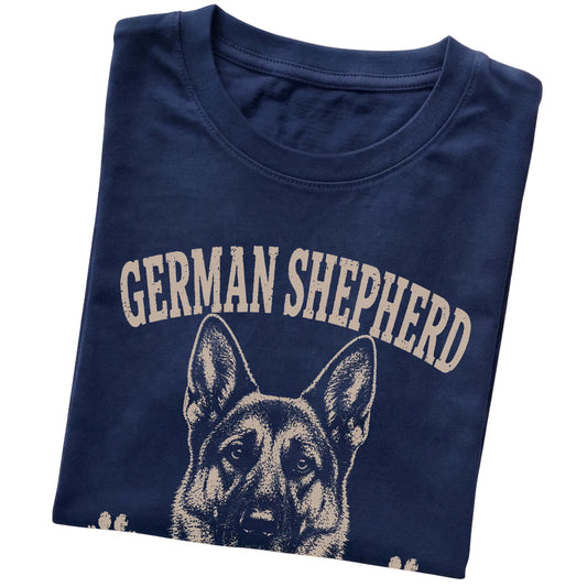 Navy T-shirt featuring Loyal, Alert & Judging Quietly - German Shepherd, folded presentation