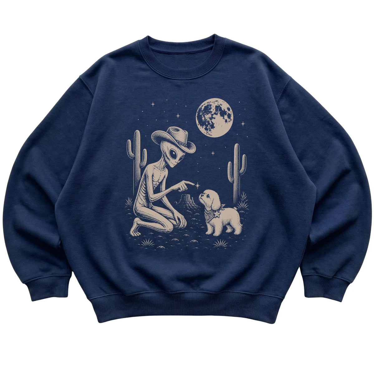 Navy crewneck sweatshirt featuring Maltese Cowboy and Alien, laid-flat presentation