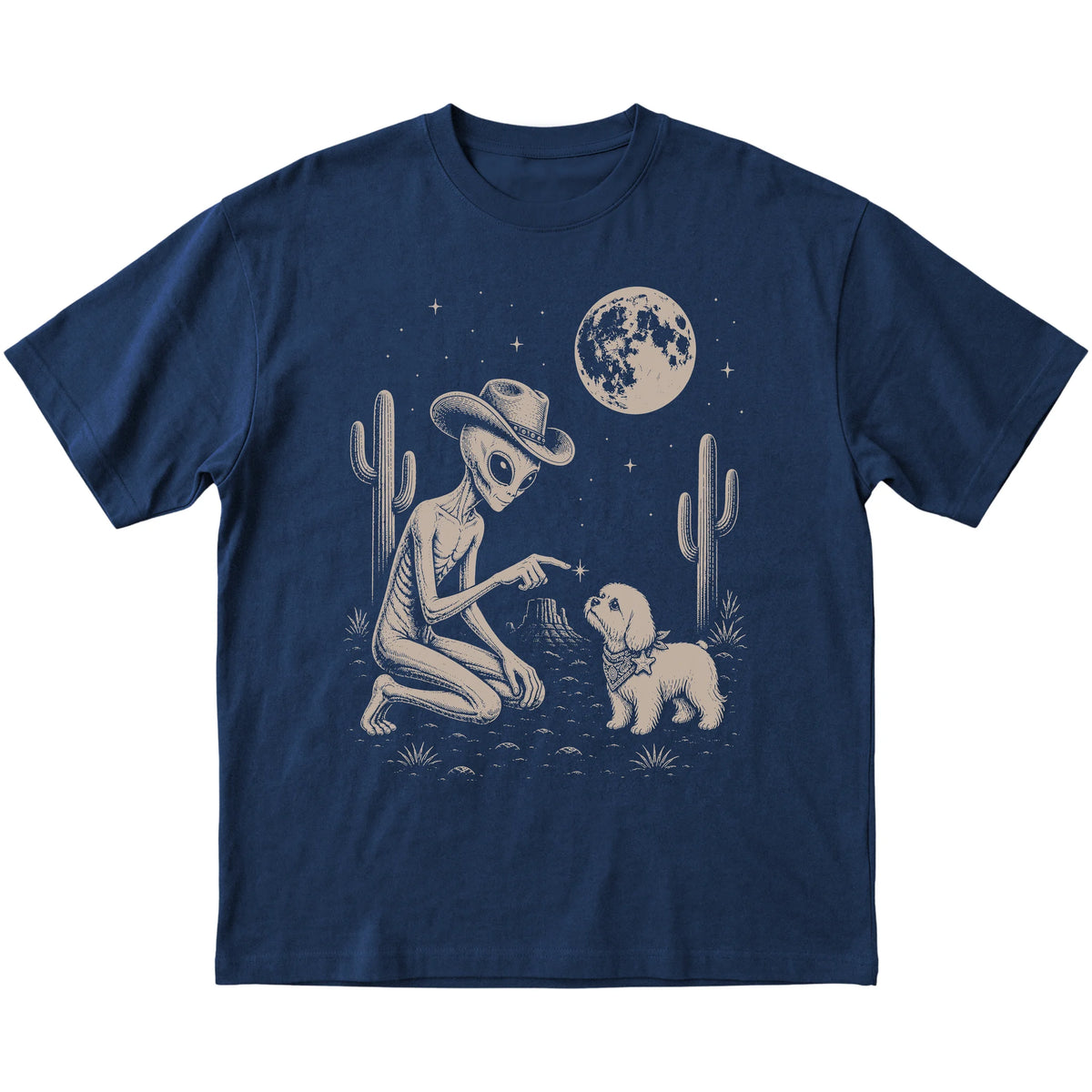 Navy T-shirt featuring Maltese Cowboy and Alien, laid-flat presentation