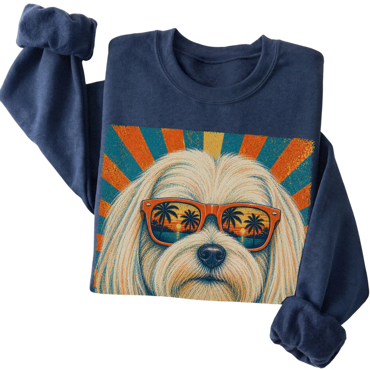 Folded Navy crewneck sweatshirt with a Retro Maltese Dad design