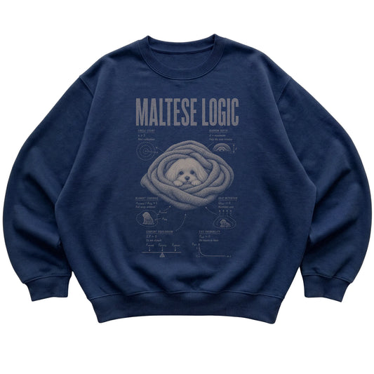 Navy Maltese Logic sweatshirt laid flat