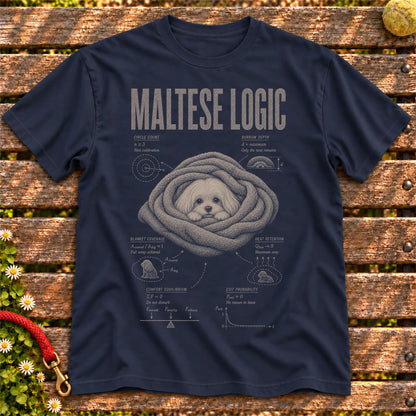 Maltese Logic on a Navy T-shirt, shown flat