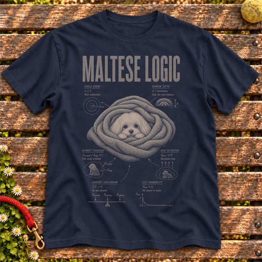 Maltese Logic on a Navy T-shirt, shown flat