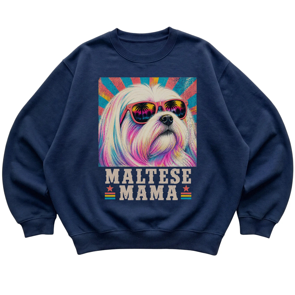 Retro Maltese Mama design on a Navy crewneck sweatshirt