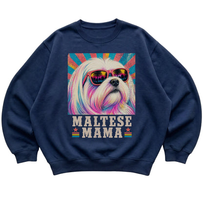 Retro Maltese Mama design on a Navy crewneck sweatshirt