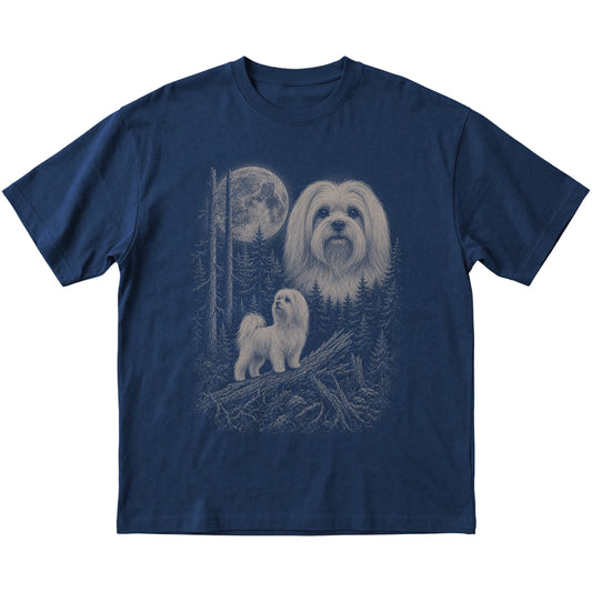 Maltese Moonlit Forest graphic on a navy Softstyle T-shirt laid flat