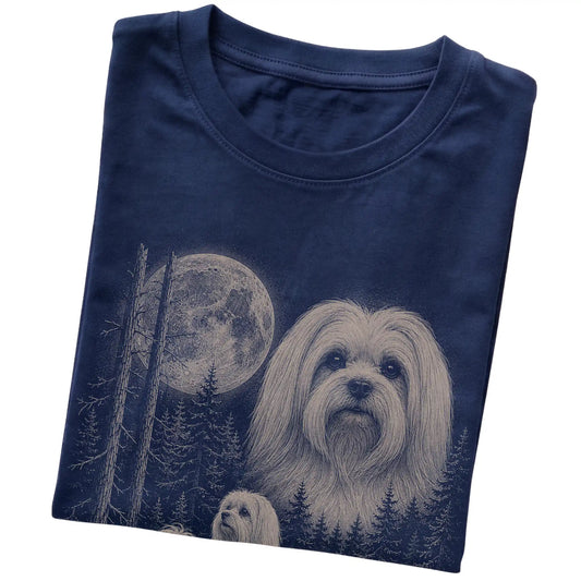 Folded navy Softstyle T-shirt showing the Maltese Moonlit Forest graphic