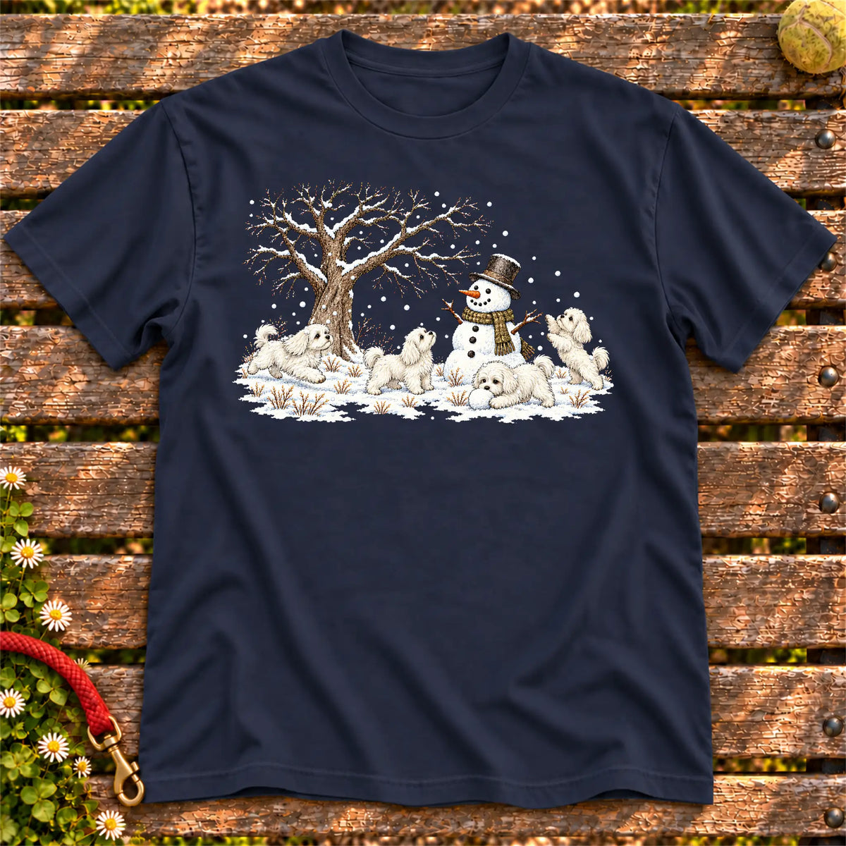 Maltese puppies playing in snow with a snowman on a Navy T-shirt