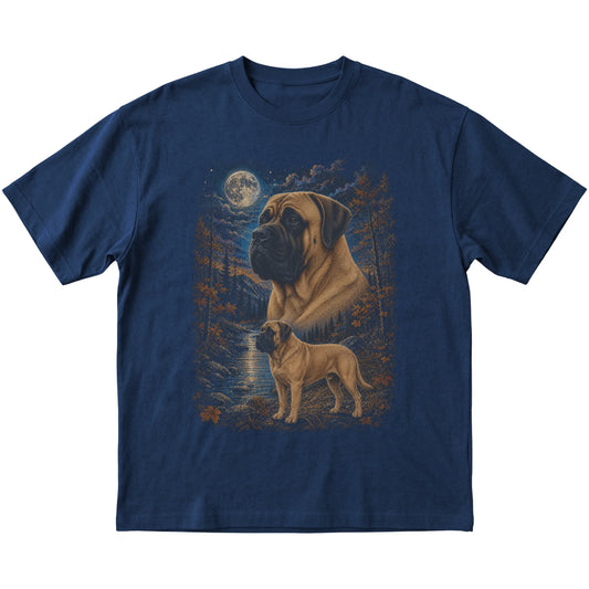 navy T-shirt with Mastiff Autumn Moon artwork.