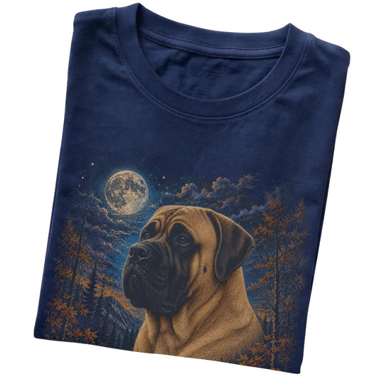 Folded navy T-shirt with Mastiff Autumn Moon artwork.