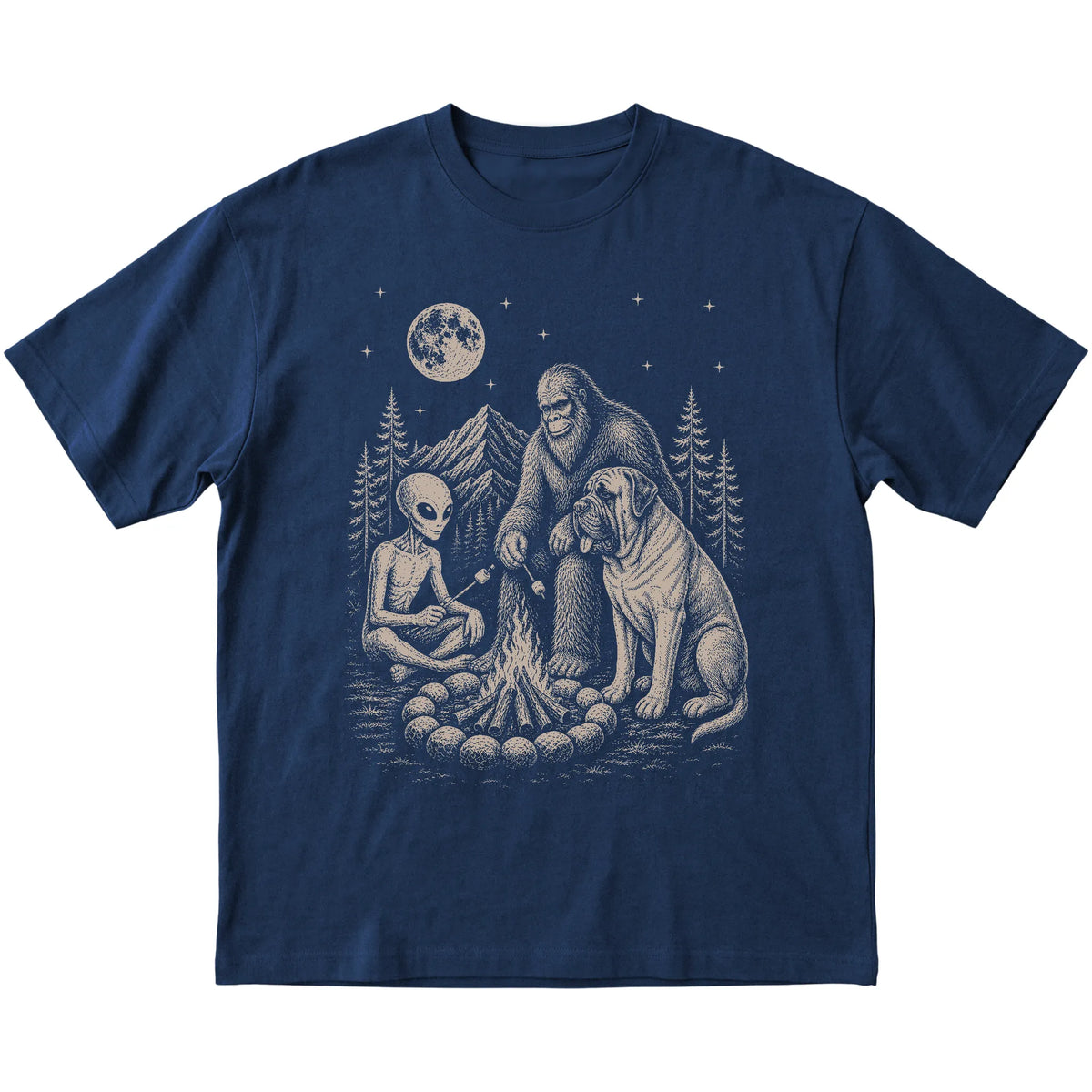 Navy Mastiff Camping with Bigfoot and Alien shirt laid flat
