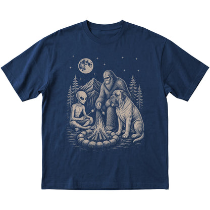 Navy Mastiff Camping with Bigfoot and Alien shirt laid flat