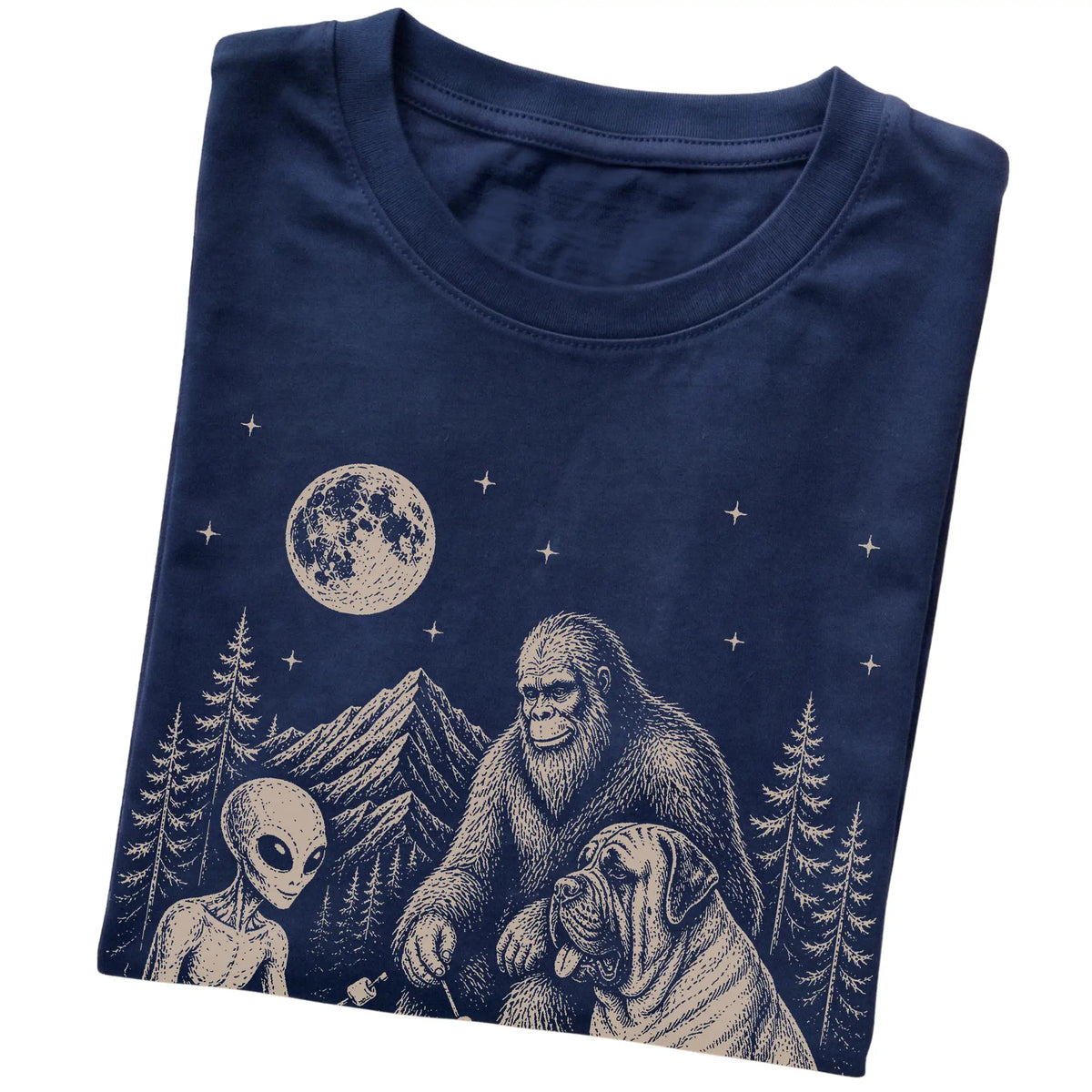 Navy Mastiff Camping with Bigfoot and Alien folded detail view