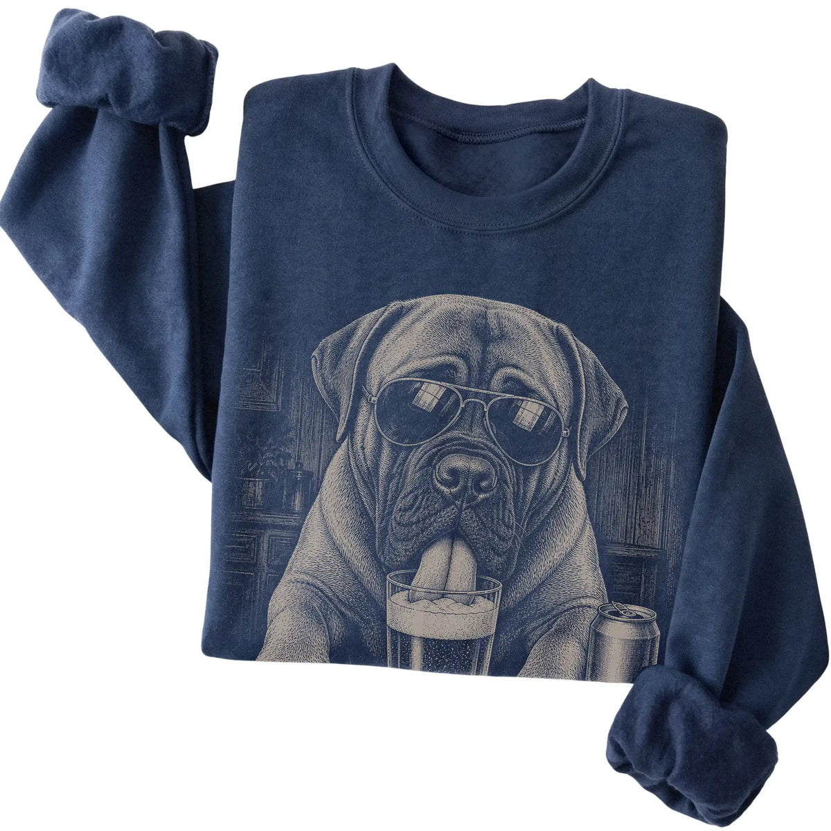 Navy Mastiff drinking from a pint at a bar, folded detail view