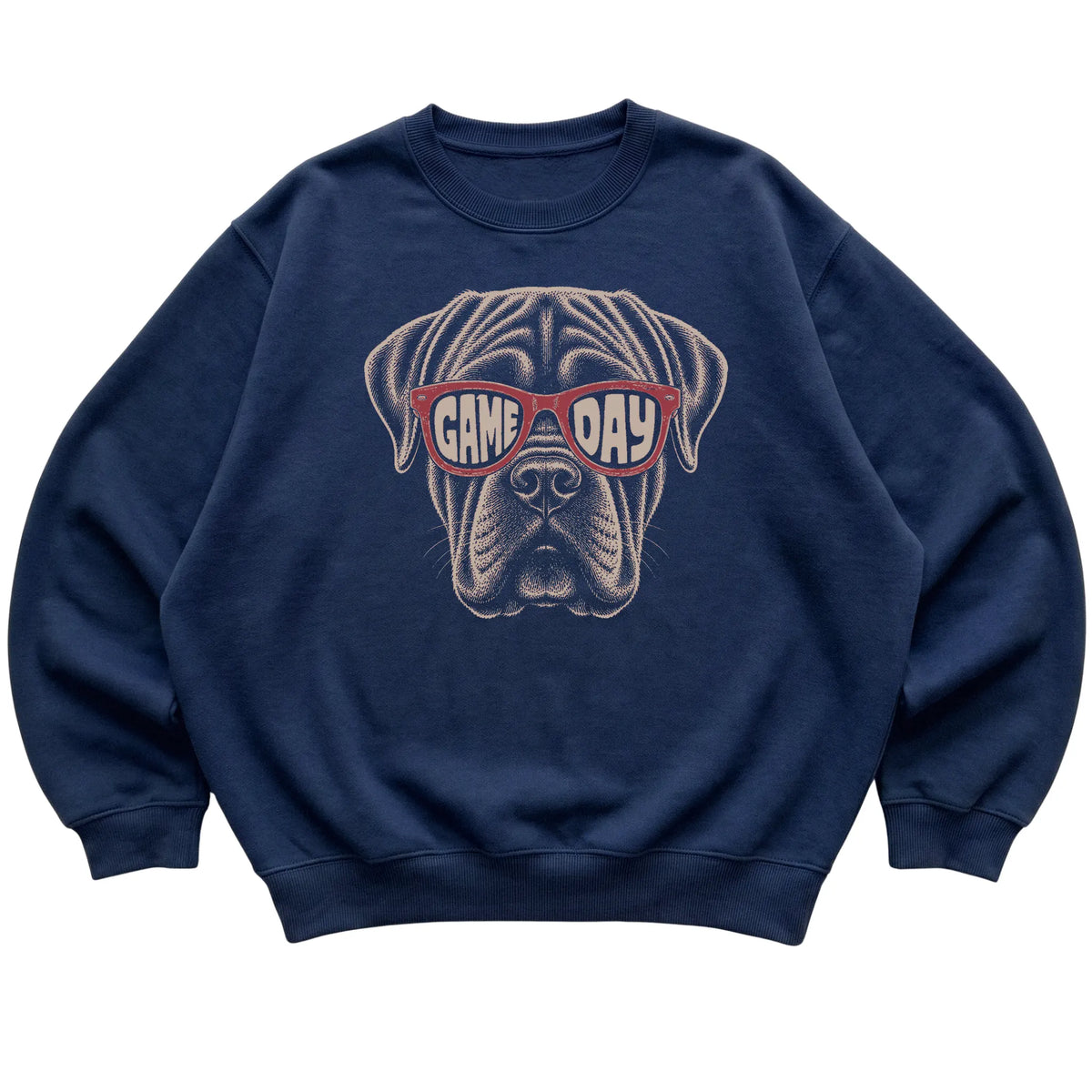 Navy Mastiff Game Day Sunglasses sweatshirt, laid flat