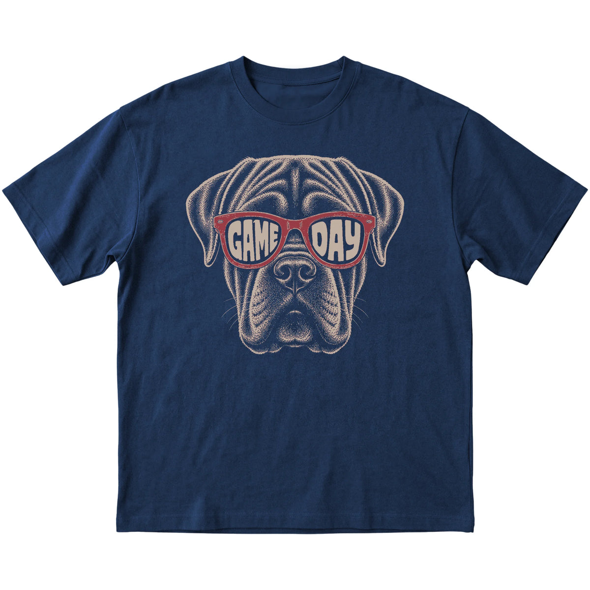 Navy Mastiff Game Day Sunglasses T-shirt, laid flat