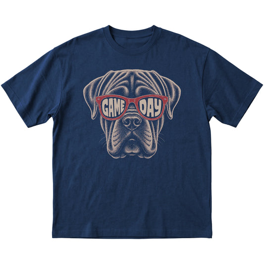 Navy Mastiff Game Day Sunglasses T-shirt, laid flat