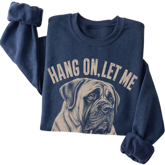 Navy crewneck sweatshirt featuring Overthinking Mastiff, folded presentation