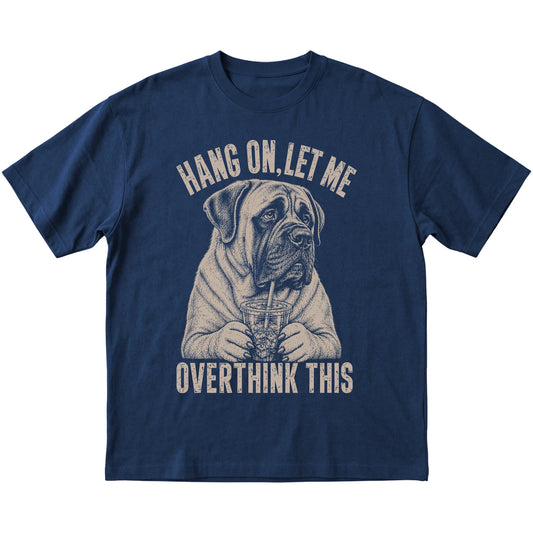 Navy T-shirt featuring Overthinking Mastiff, laid-flat presentation