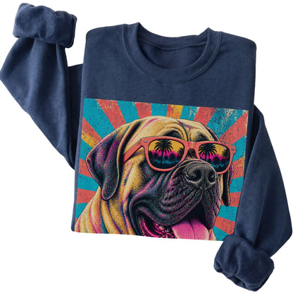 Folded Navy crewneck sweatshirt with a Retro Mastiff Mama design