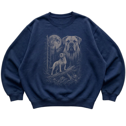 Mastiff Moonlit Forest graphic on a navy crewneck sweatshirt laid flat