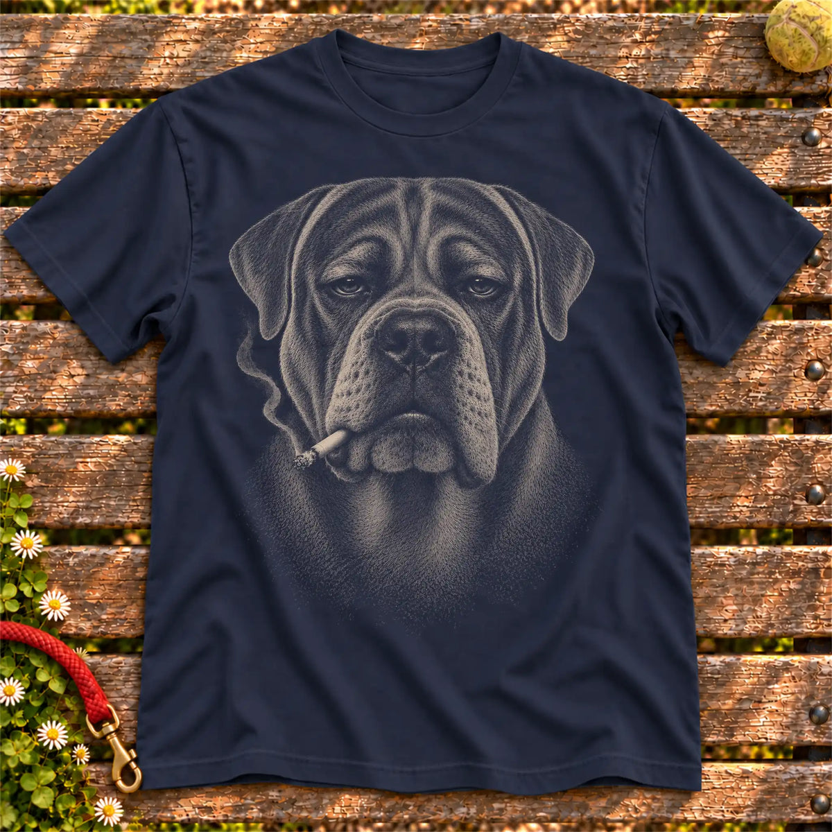 Mastiff smoking design on a Navy t-shirt
