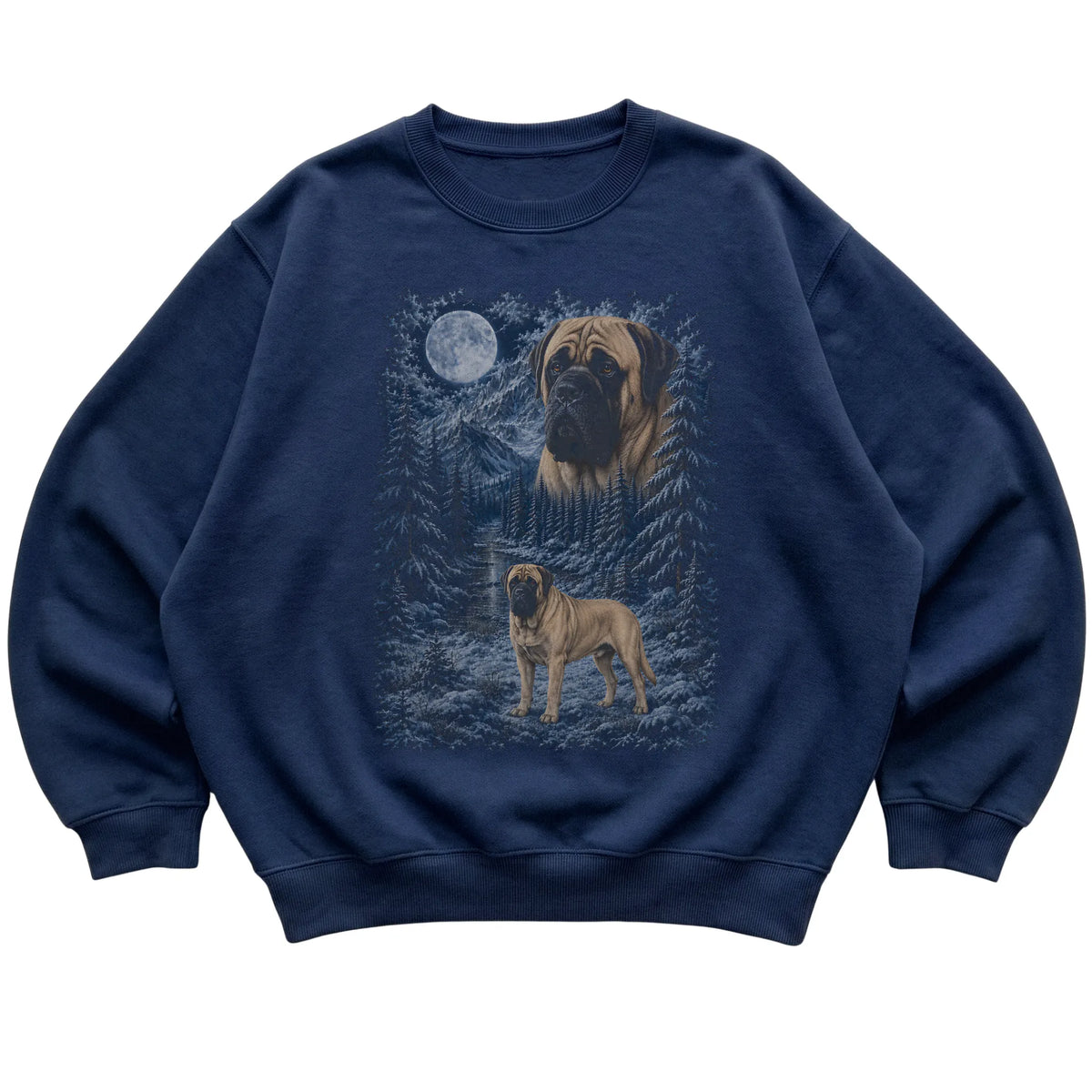 navy sweatshirt with Mastiff Winter Moon artwork.