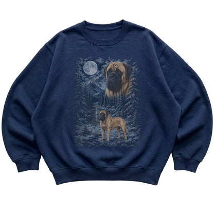 navy sweatshirt with Mastiff Winter Moon artwork.